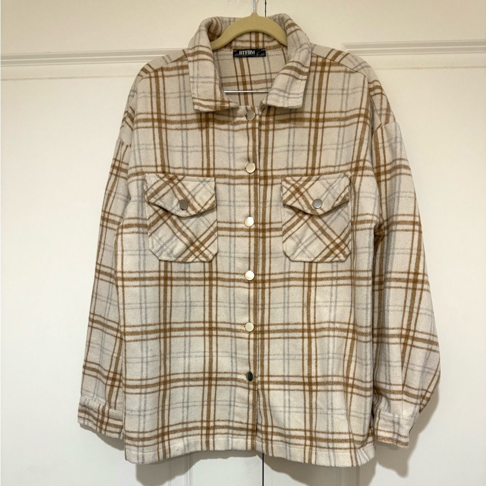 Women's Plaid Flannel Utility Jacket - Tan and Cream